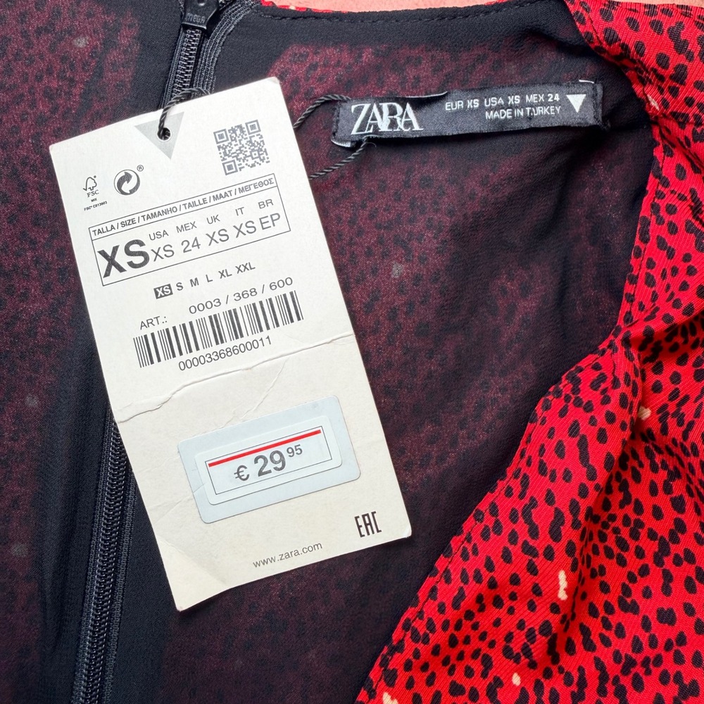 ZARA Red Animal Print Ruched Mini Dress Long Sleeve V Neck Draped Date Night XS - Picture 7 of 10